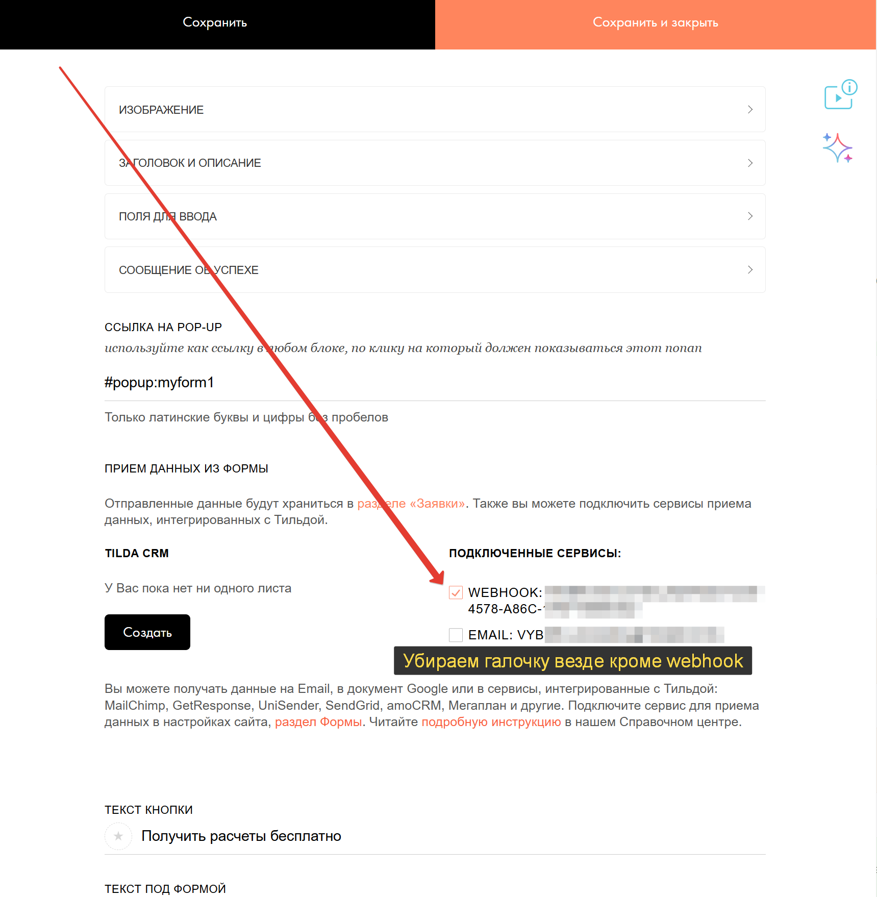 Настройки блока формы в Тильде: отмечен только приёмщик Webhook, почта отключена